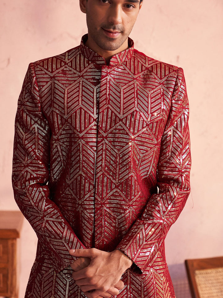 Vastramay Men's Maroon Georgette Embellished Indo Set