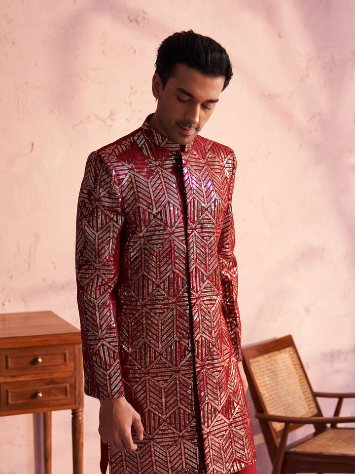 Vastramay Men's Maroon Georgette Embellished Indo Set