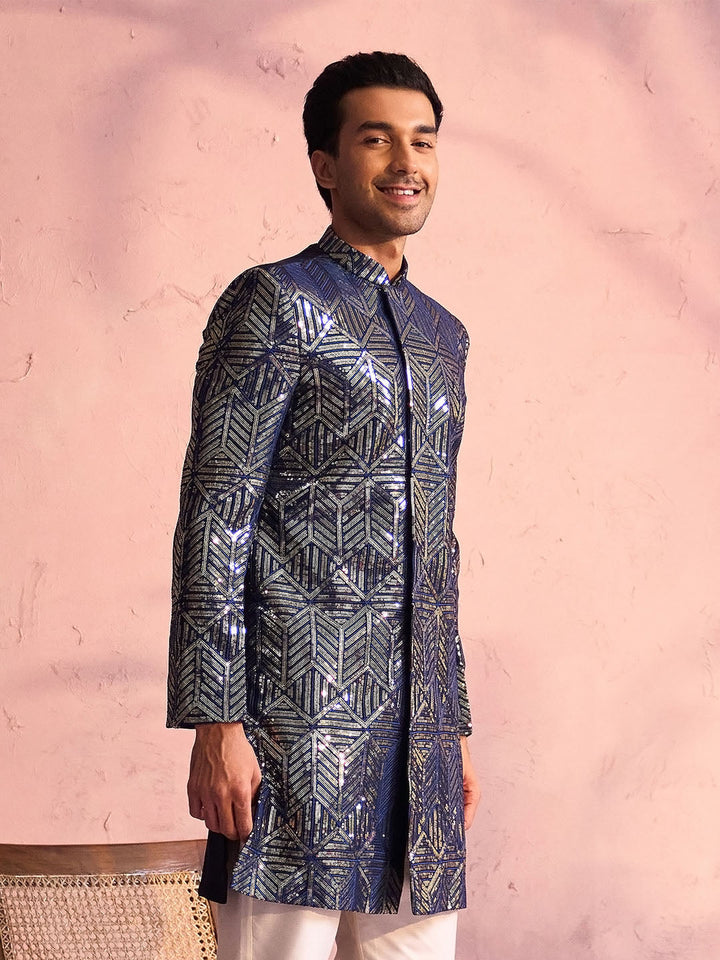 SHRESTHA By VASTRAMAY Men's Navy Blue Georgette Sherwani Only Top