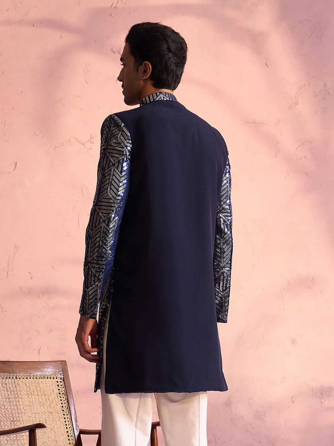 SHRESTHA By VASTRAMAY Men's Navy Blue Georgette Sherwani Only Top