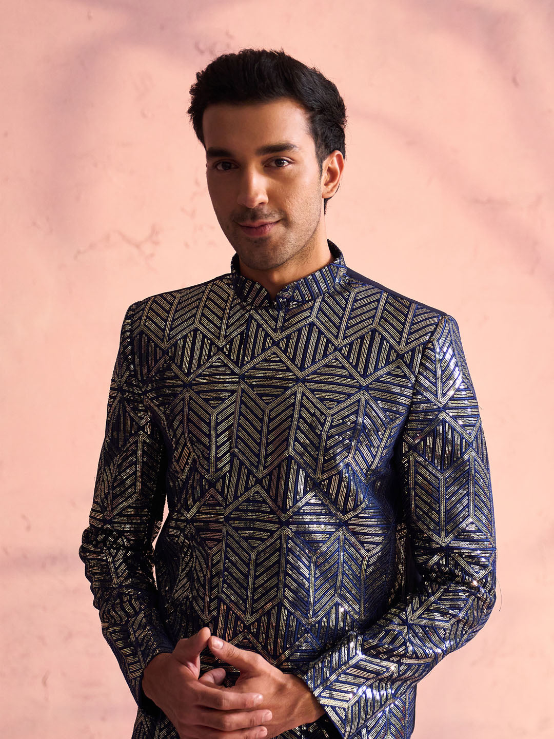 SHRESTHA By VASTRAMAY Men's Navy Blue Georgette Sherwani Only Top