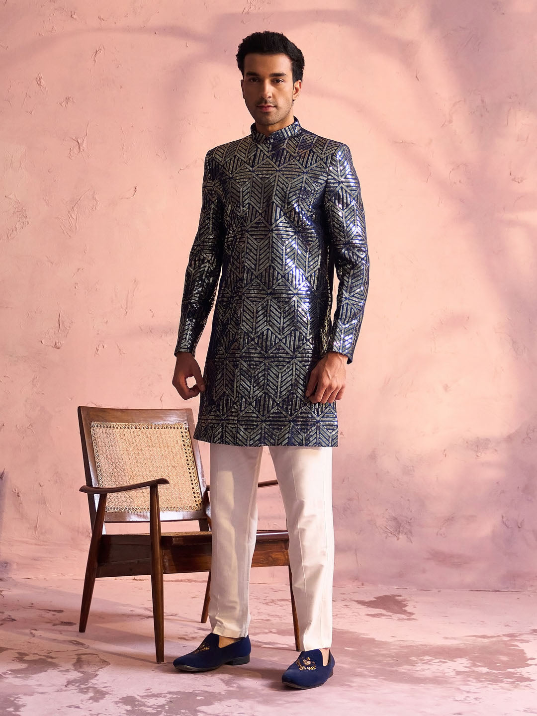 SHRESTHA By VASTRAMAY Men's Navy Blue Georgette Embellished Indo Set