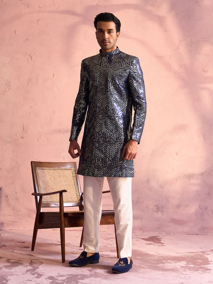 Vastramay Men's Navy Blue Georgette Embellished Indo Set