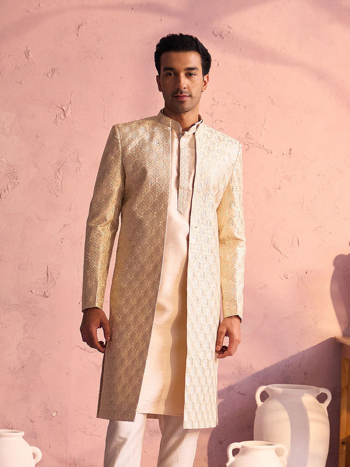 Vastramay Men's Beige Silk Blend Embroidered Indo Only Top