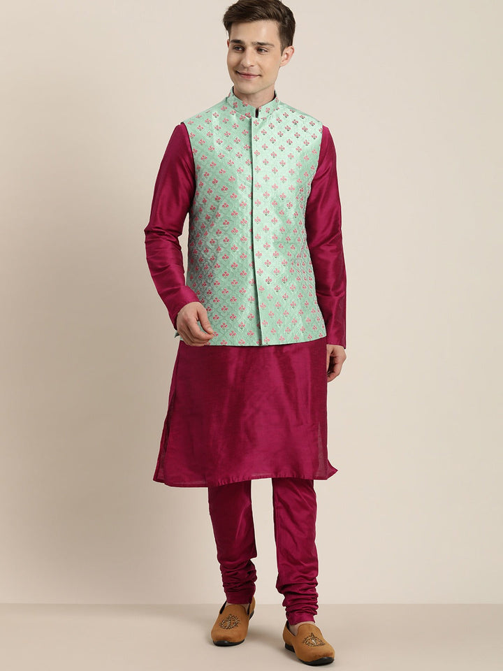 Vastramay Men's Light Green Nerhu Jacket With Dark Pink Kurta Pyjama Set