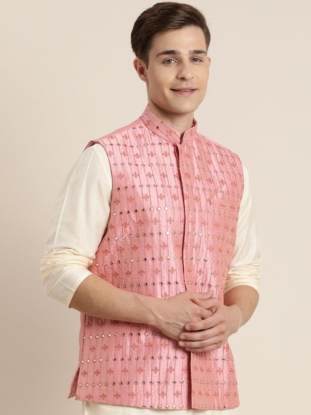 Vastramay Men's Onion Pink Ethnic Jacket