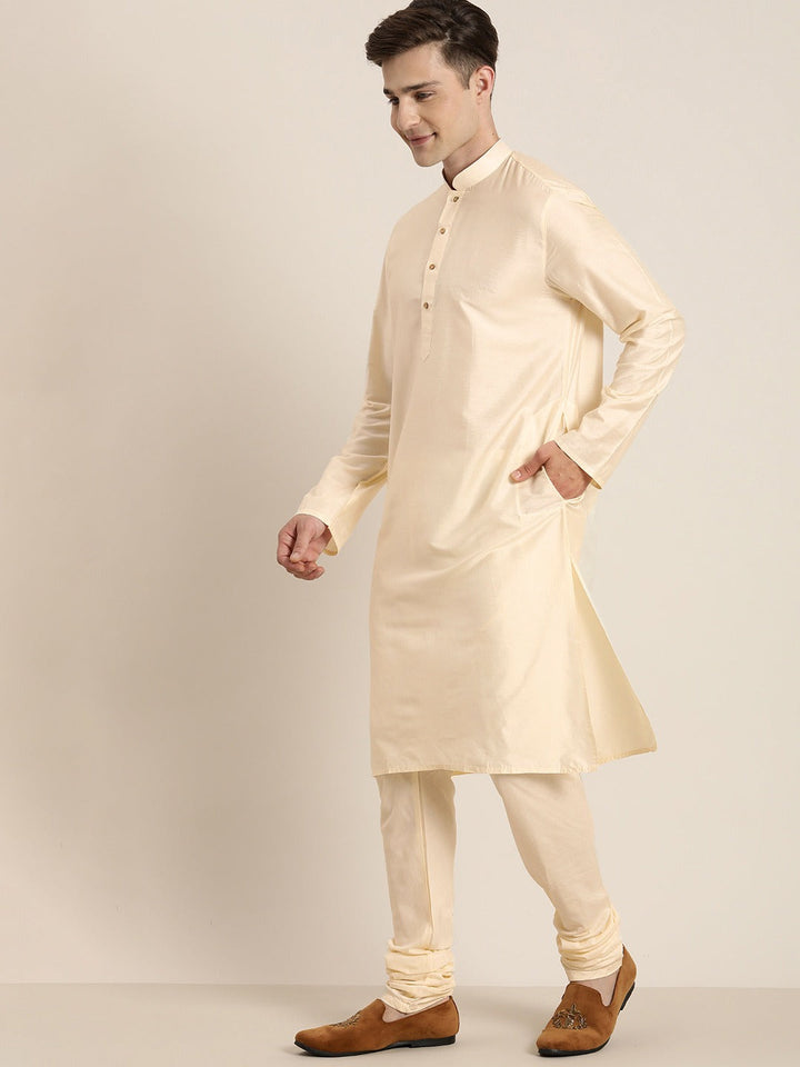 Vastramay Men's Beige Mirror Work Kurta with Churidar With Ethnic Jacket