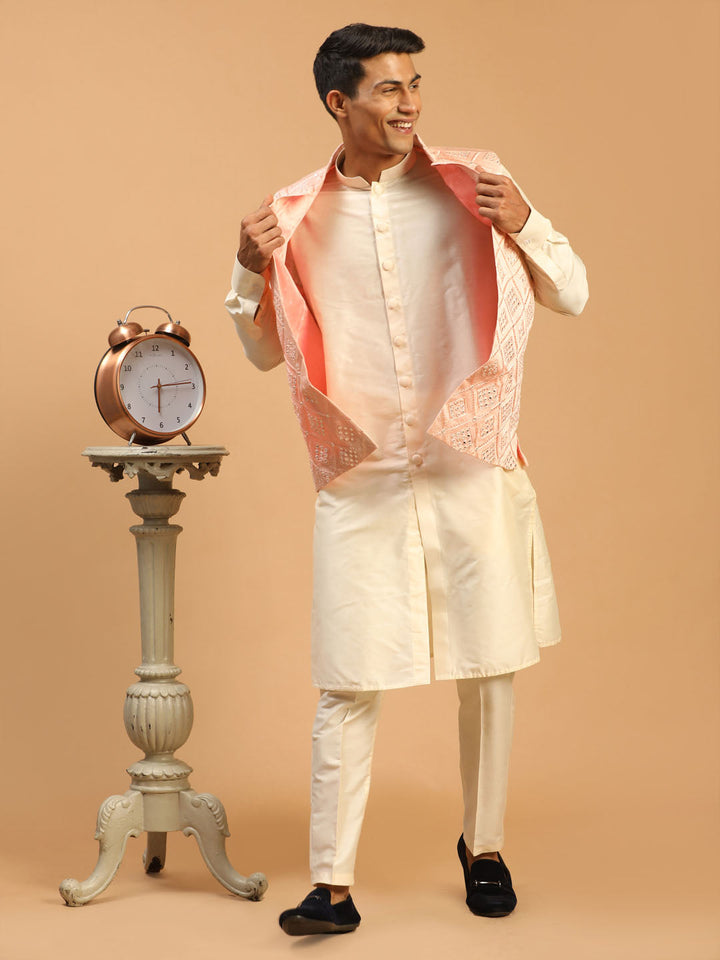 Vastramay Men's Pink Jacket With Kurta Pant Set