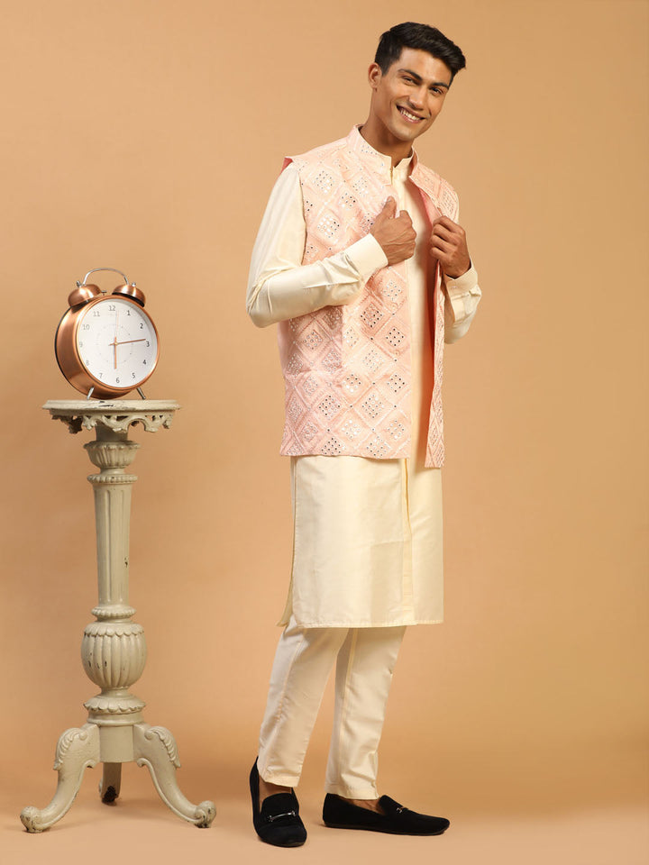 Vastramay Men's Pink Jacket With Kurta Pant Set