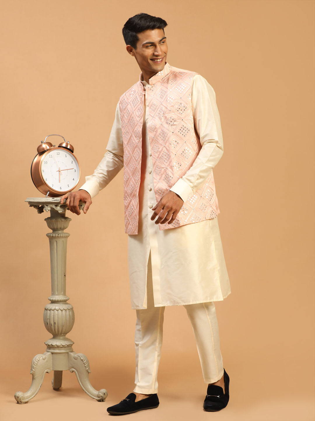 Vastramay Men's Pink Jacket With Kurta Pant Set