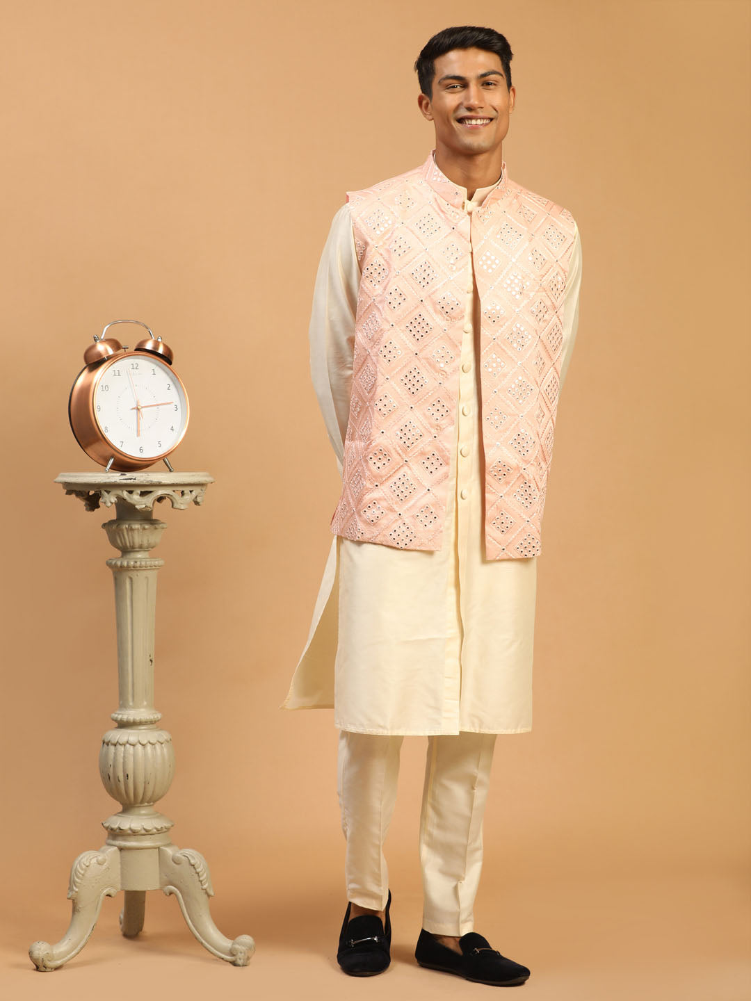 Vastramay Men's Pink Jacket With Kurta Pant Set