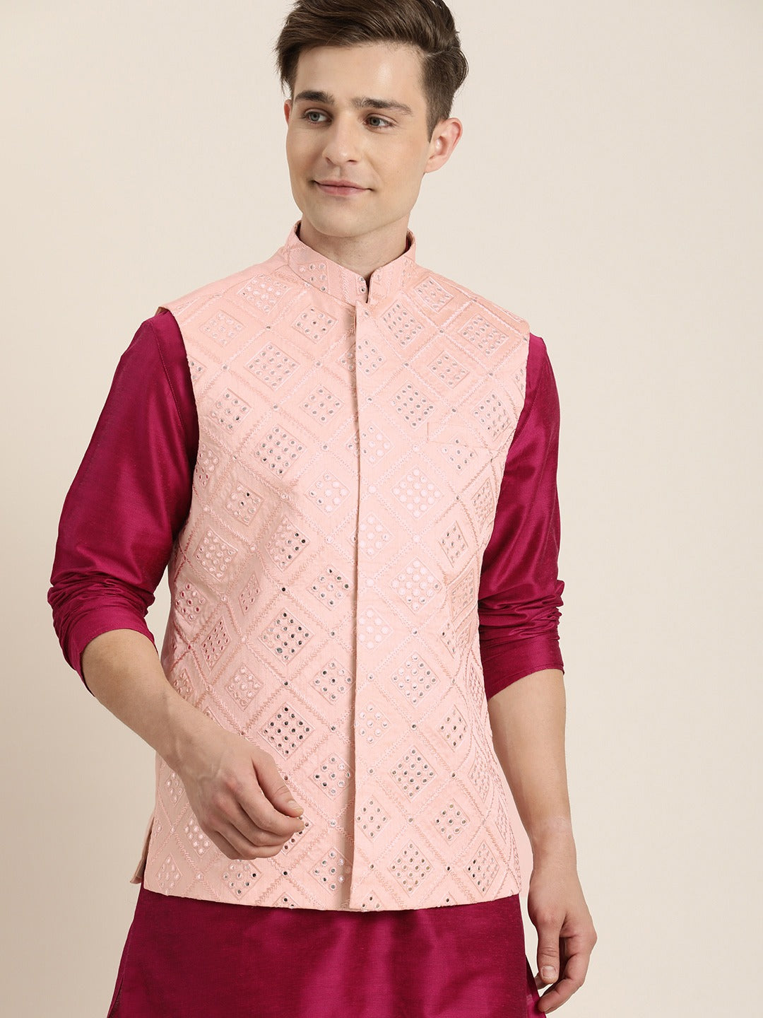 Vastramay Men's Fuchsia & Pink Solid Kurta with Churidar & Nehru Jacket