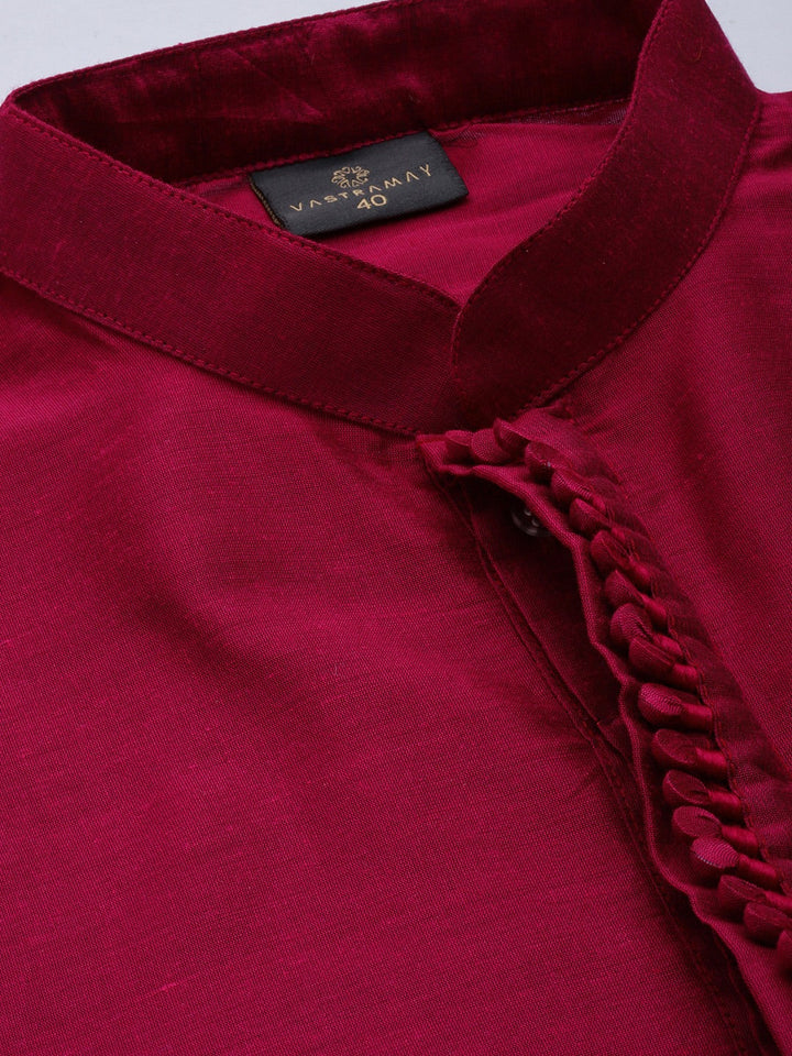 Vastramay Men's Fuchsia & Pink Solid Kurta with Churidar & Nehru Jacket