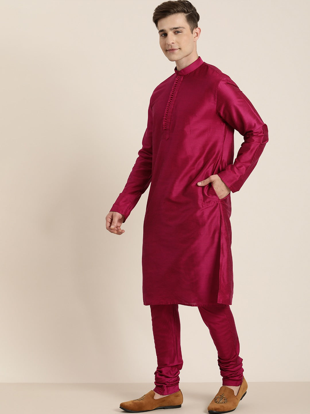 Vastramay Men's Fuchsia & Pink Solid Kurta with Churidar & Nehru Jacket