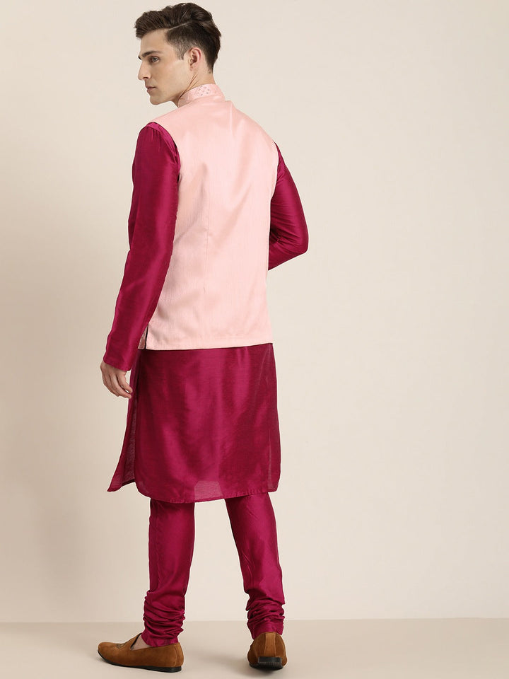 Vastramay Men's Fuchsia & Pink Solid Kurta with Churidar & Nehru Jacket