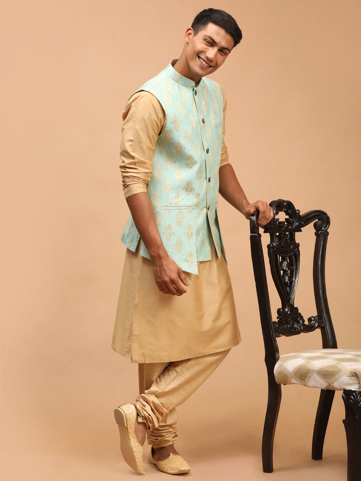 Vastramay Men's Green Woven Design Ethnic Jacket And Rose Gold Kurta And Pyjama Set