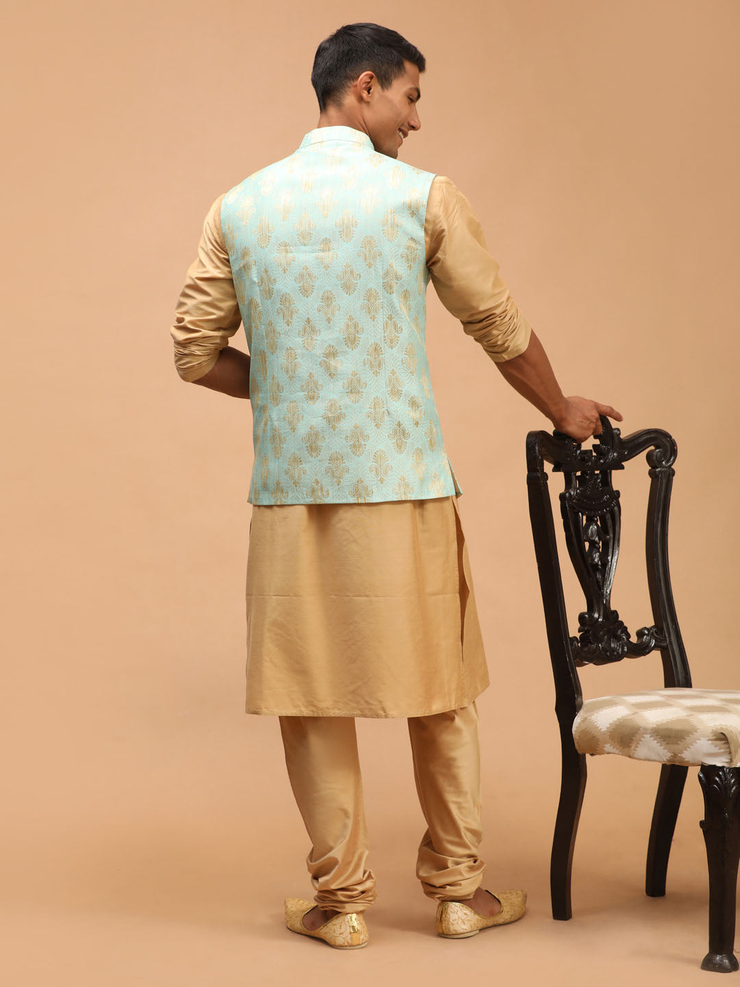 Vastramay Men's Green Woven Design Ethnic Jacket And Rose Gold Kurta And Pyjama Set