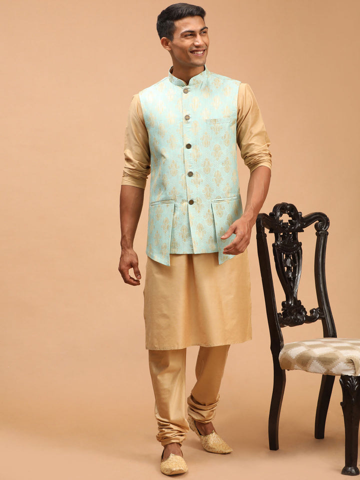 Vastramay Men's Green Woven Design Ethnic Jacket And Rose Gold Kurta And Pyjama Set