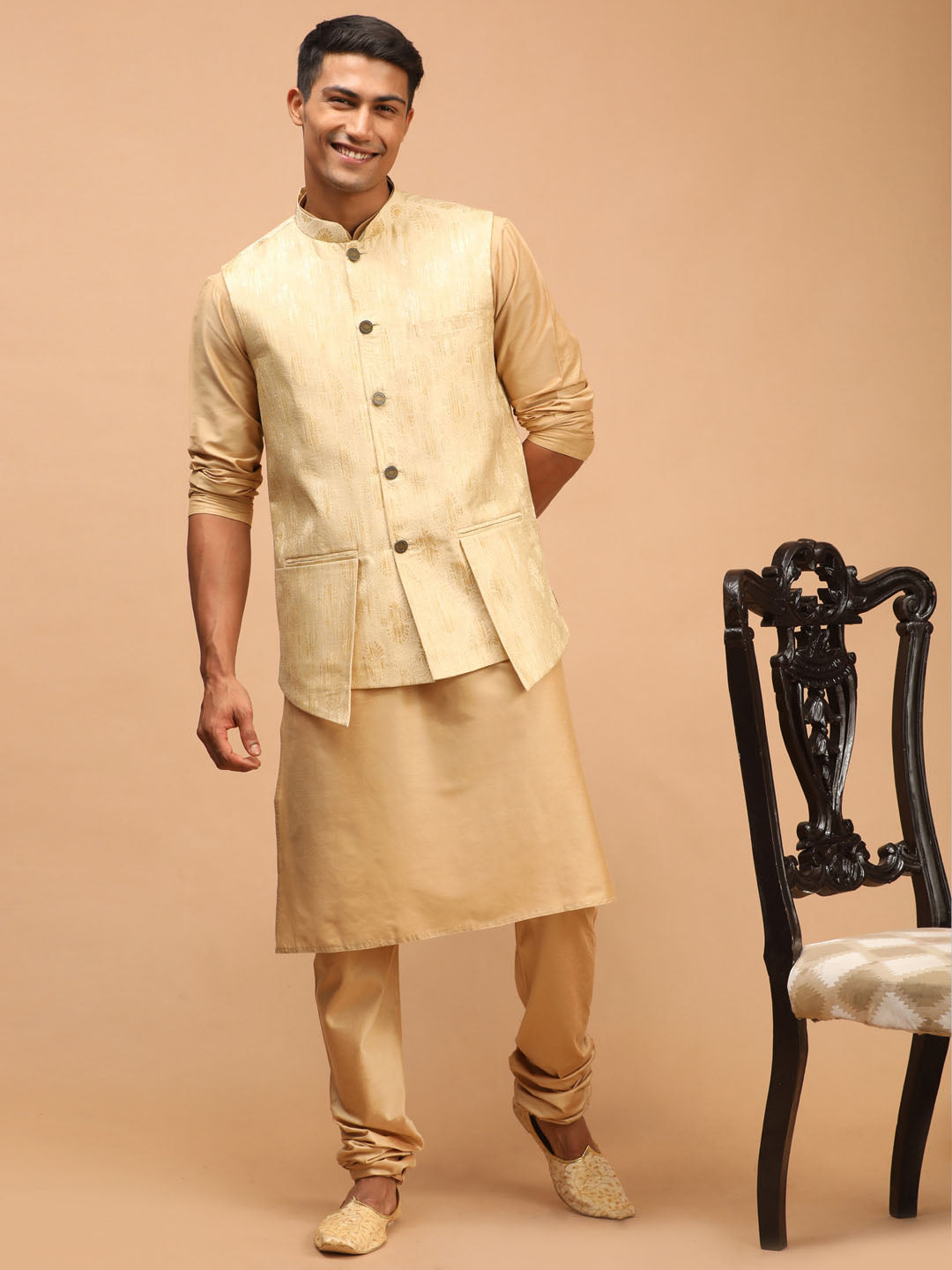 Vastramay Men's Gold Woven Design Flap Ethnic Jacket And Rose Gold Kurta And Pyjama Set