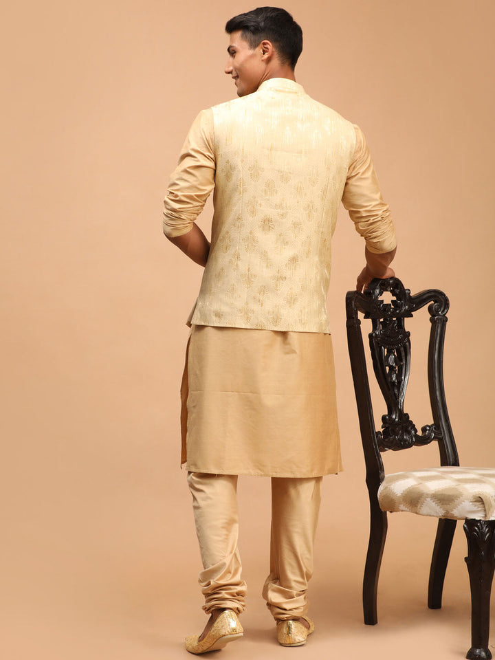 Vastramay Men's Gold Woven Design Flap Ethnic Jacket And Rose Gold Kurta And Pyjama Set