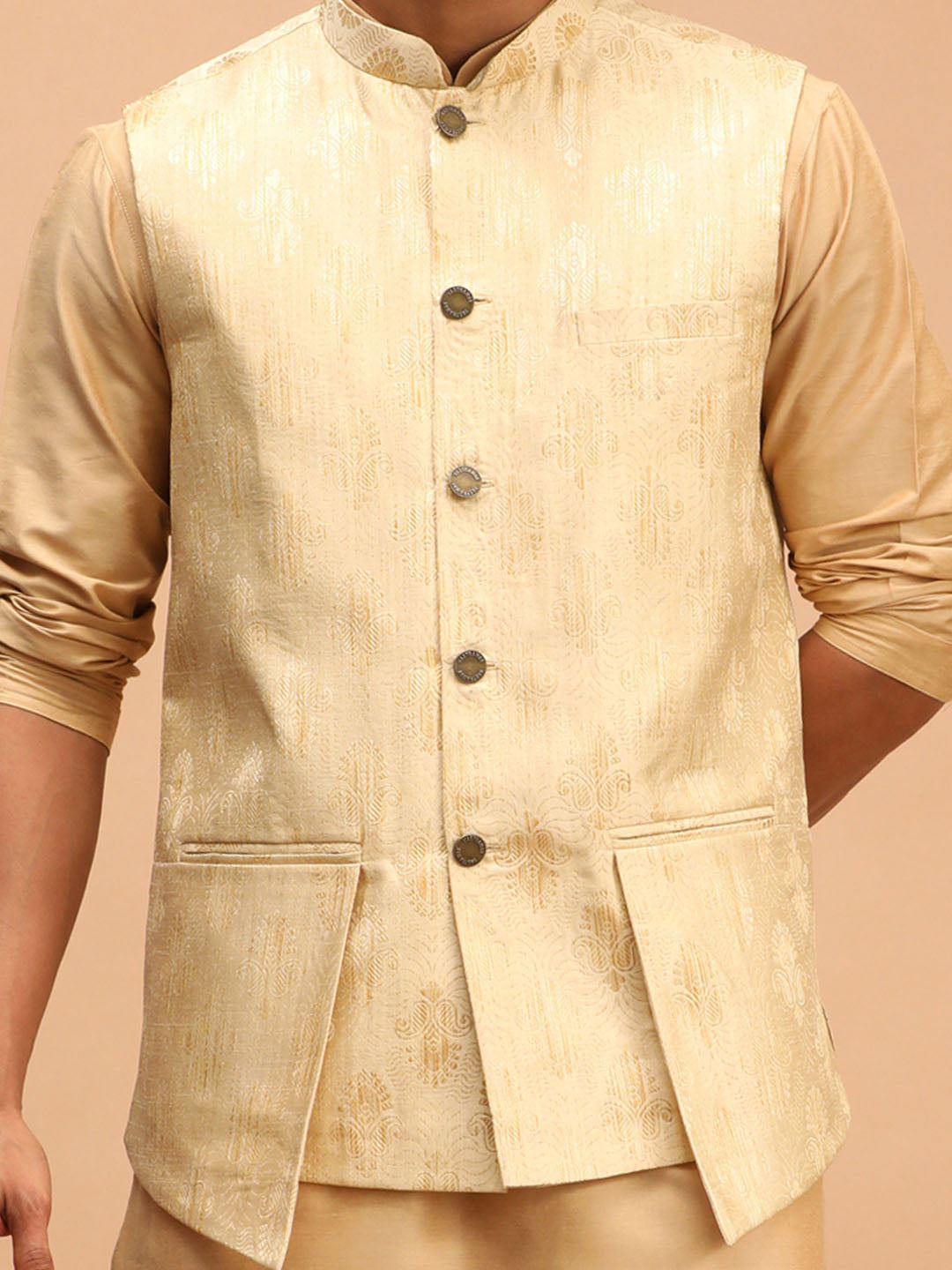 Vastramay Men's Gold Woven Design Flap Ethnic Jacket And Rose Gold Kurta And Pyjama Set