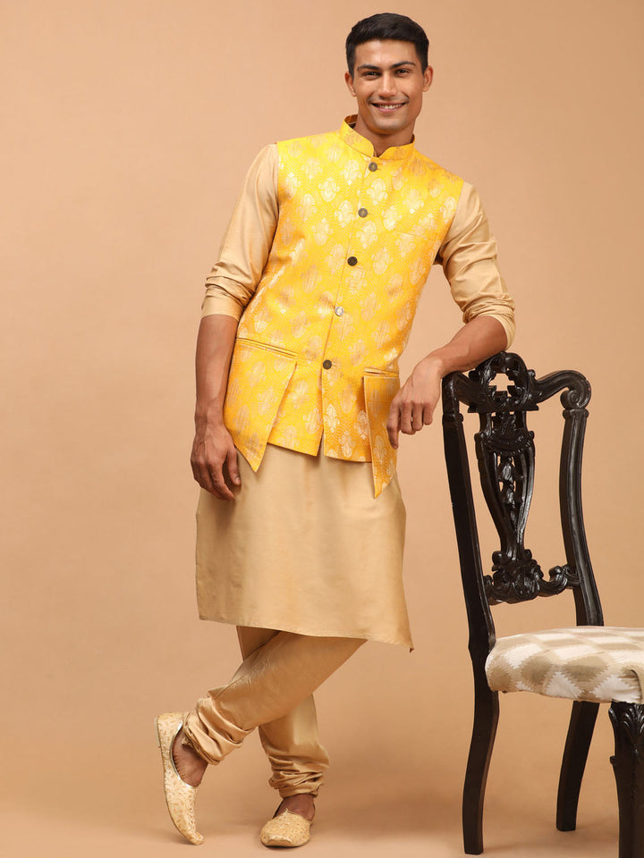 Vastramay Men's Yellow Woven Ethnic Jacket And Rose Gold Kurta And Pyjama Set