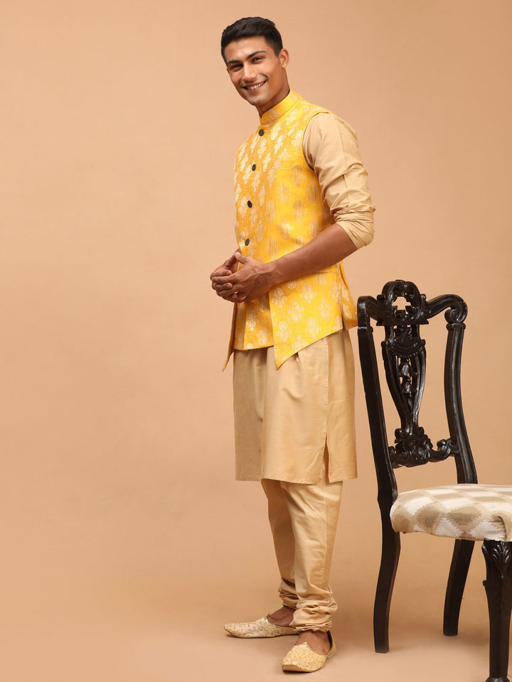 Vastramay Men's Yellow Woven Ethnic Jacket And Rose Gold Kurta And Pyjama Set