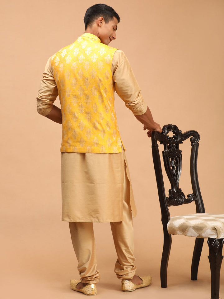 Vastramay Men's Yellow Woven Ethnic Jacket And Rose Gold Kurta And Pyjama Set