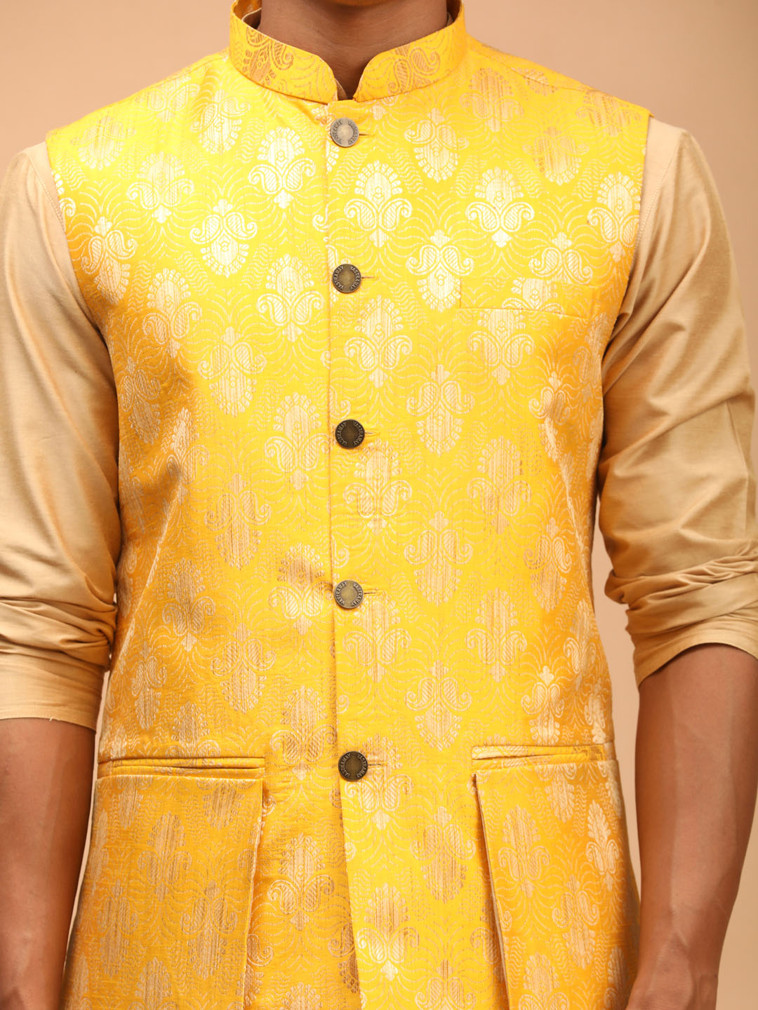 Vastramay Men's Yellow Woven Ethnic Jacket And Rose Gold Kurta And Pyjama Set