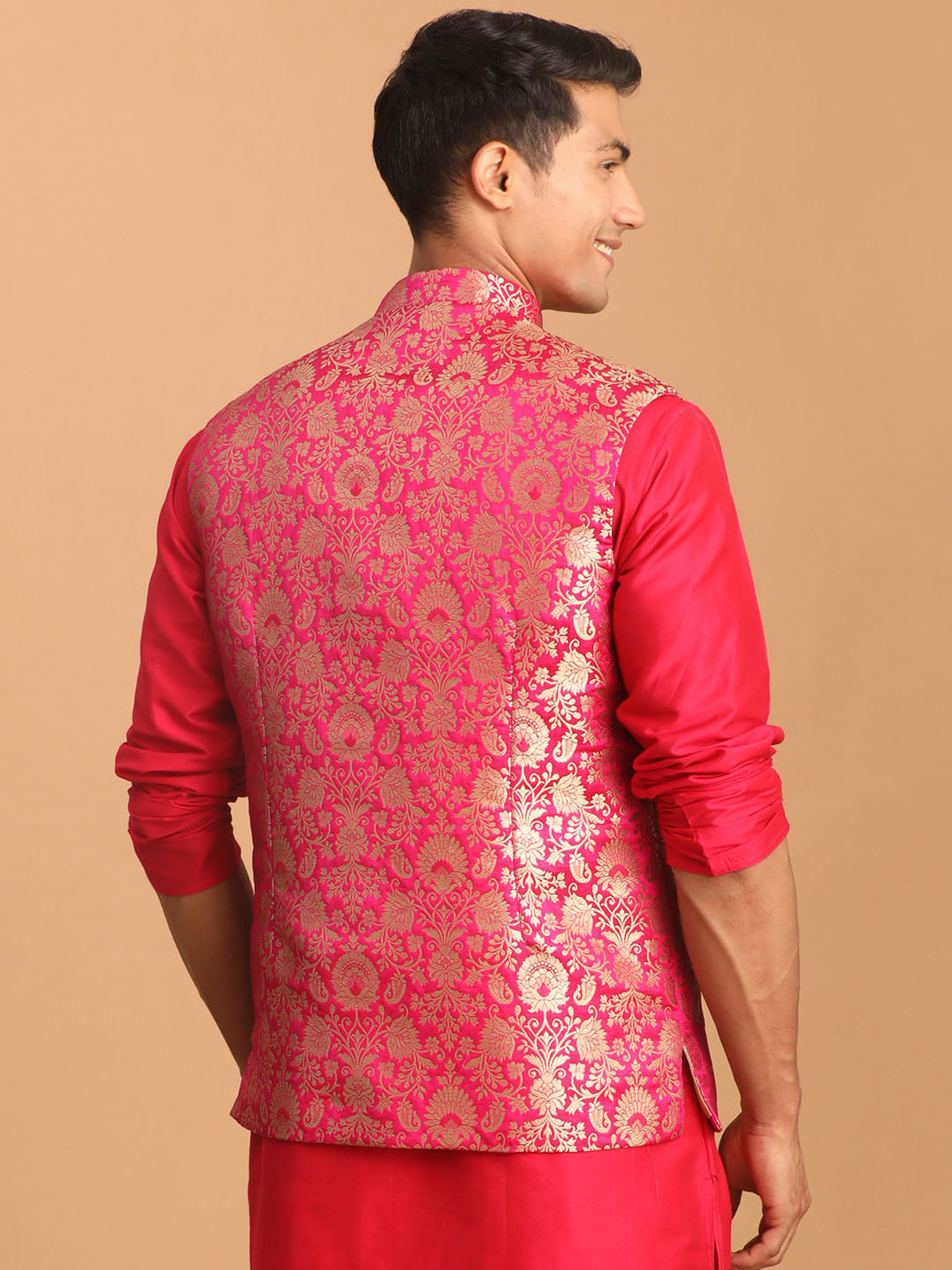 Vastramay Men's Valentino Pink Flower Motif Jacquard Nehru Jacket