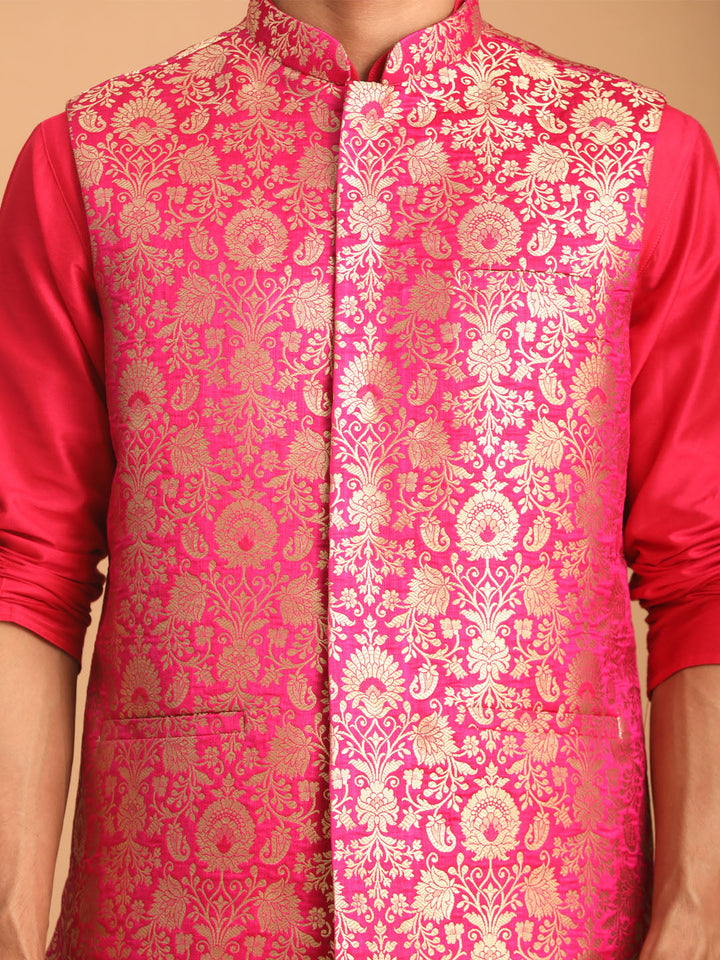 Vastramay Men's Valentino Pink Flower Motif Jacquard Nehru Jacket