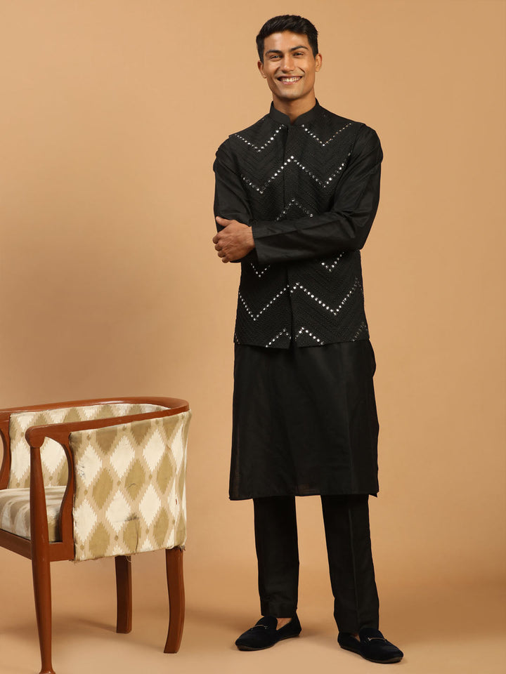 Vastramay Men's Black Mirror Jacket With Kurta Pyjama Set