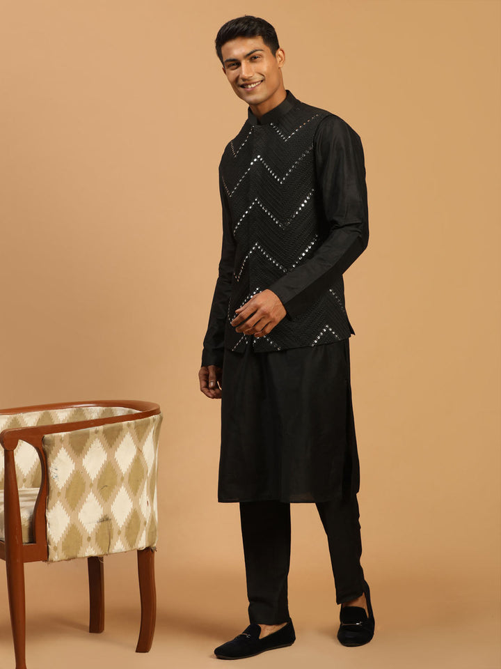 Vastramay Men's Black Mirror Jacket With Kurta Pyjama Set