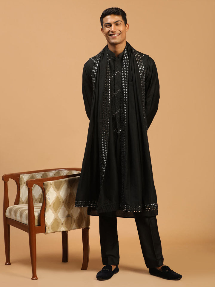 Vastramay Men's Black Mirror Jacket With Kurta Pant And Dupatta Set