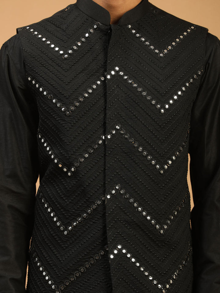 Vastramay Men's Black Mirror Jacket With Kurta Pant And Dupatta Set