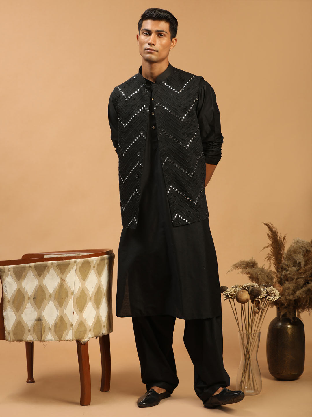 Vastramay Men's Black Mirror Jacket With Kurta Patiala Set