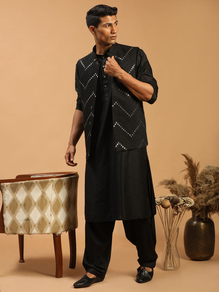 Vastramay Men's Black Mirror Jacket With Kurta Patiala Set