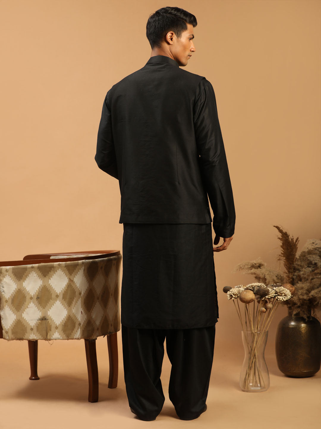 Vastramay Men's Black Mirror Jacket With Kurta Patiala Set