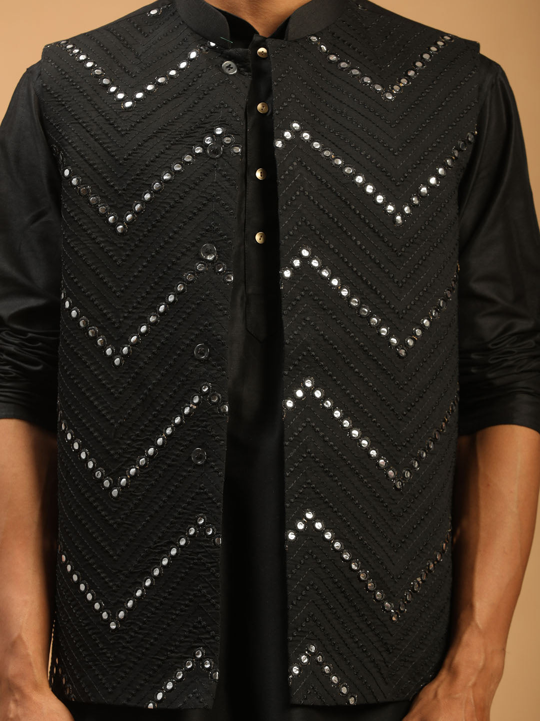 Vastramay Men's Black Mirror Jacket With Kurta Patiala Set