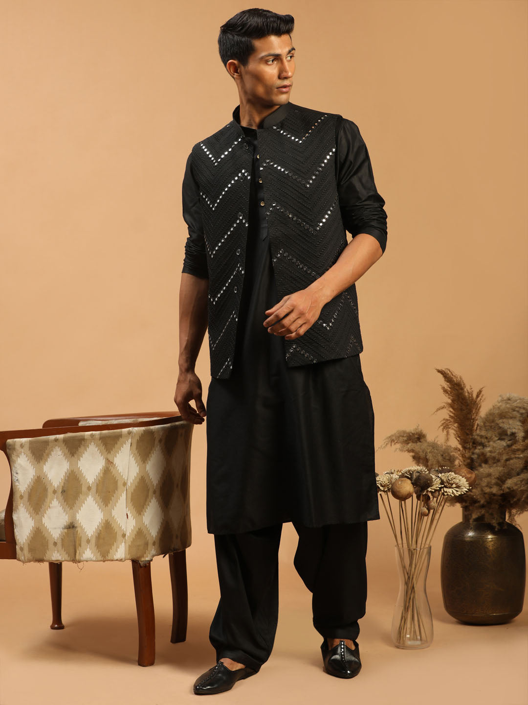 Vastramay Men's Black Mirror Jacket With Kurta Patiala Set