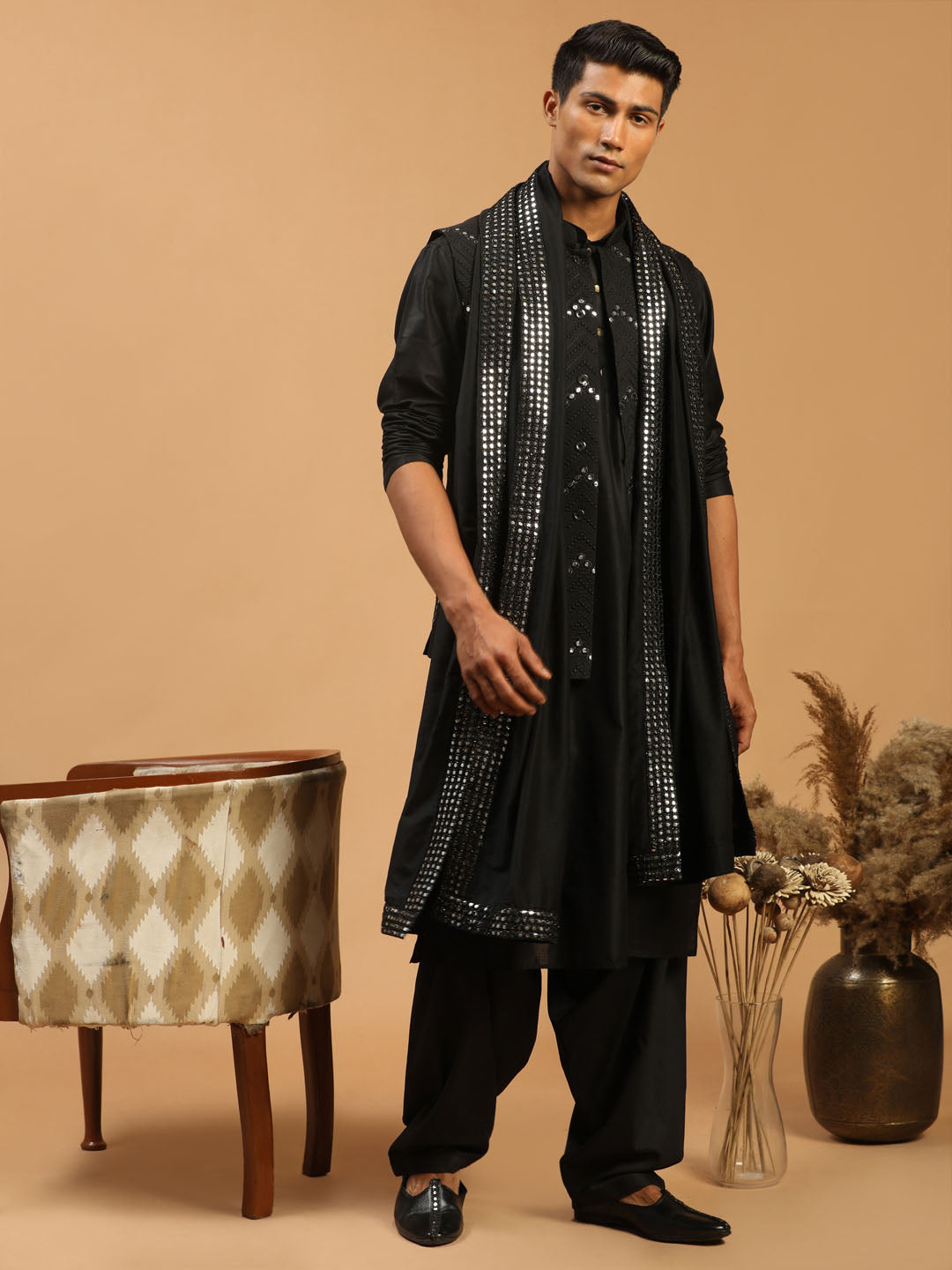 Vastramay Men's Black Mirror Jacket With Kurta Patiala And Dupatta Set