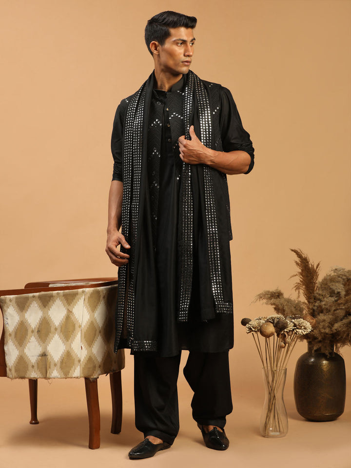 Vastramay Men's Black Mirror Jacket With Kurta Patiala And Dupatta Set