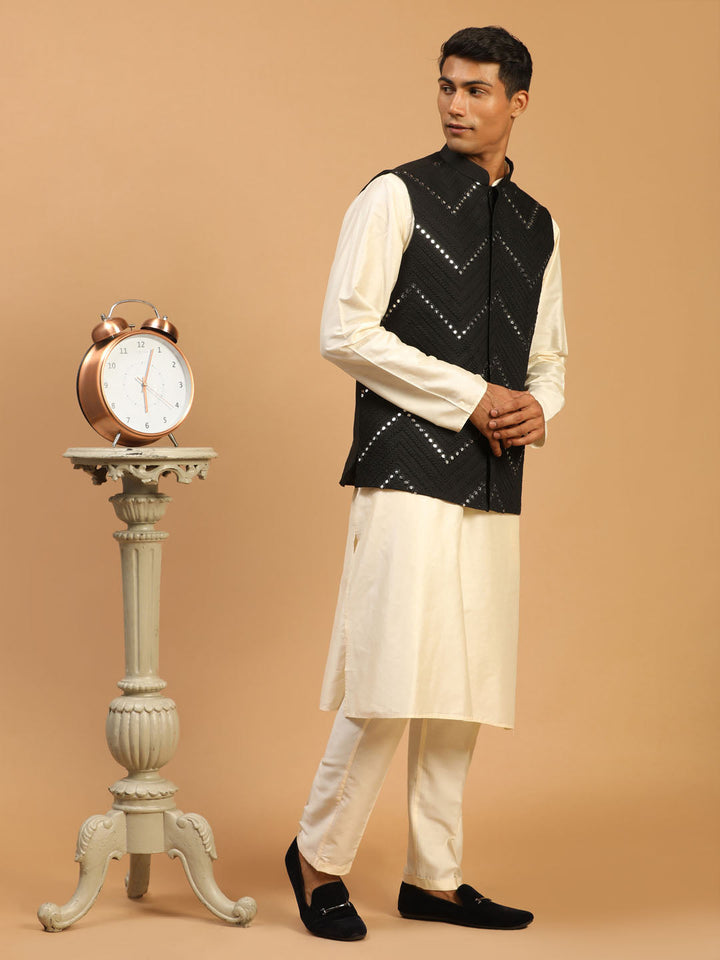 Vastramay Men's Black Mirror Jacket With Kurta Pant Set