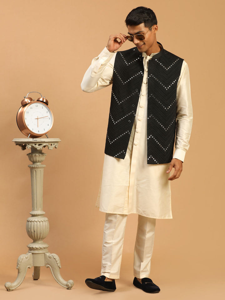 Vastramay Men's Black Mirror Jacket With Front Open Kurta pant Set