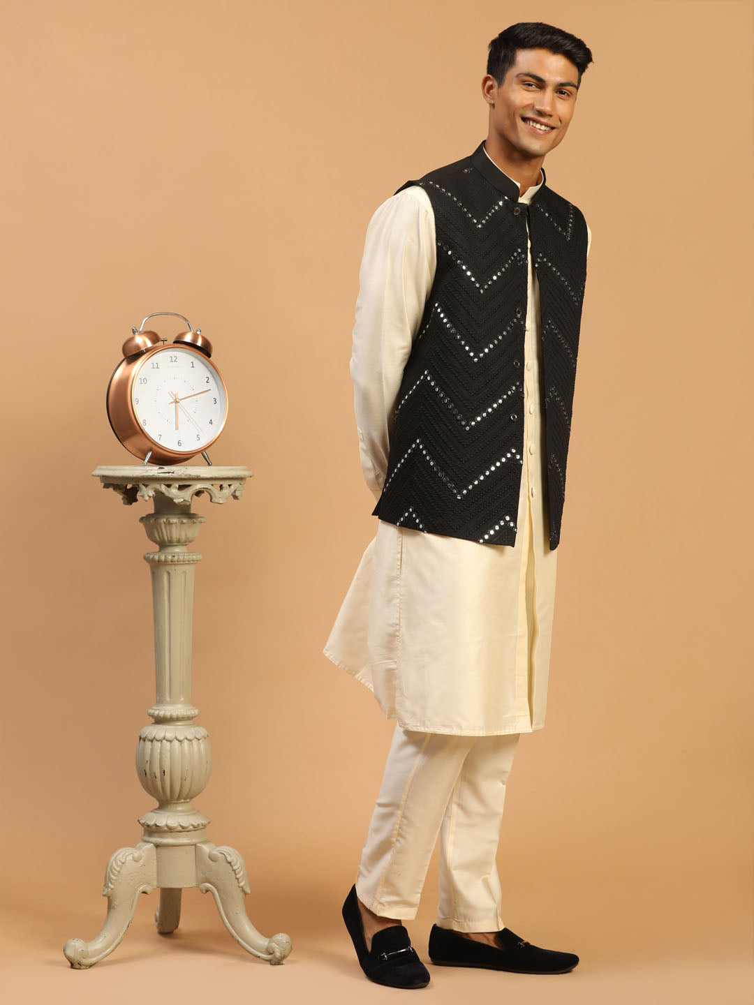 Vastramay Men's Black Mirror Jacket With Front Open Kurta pant Set