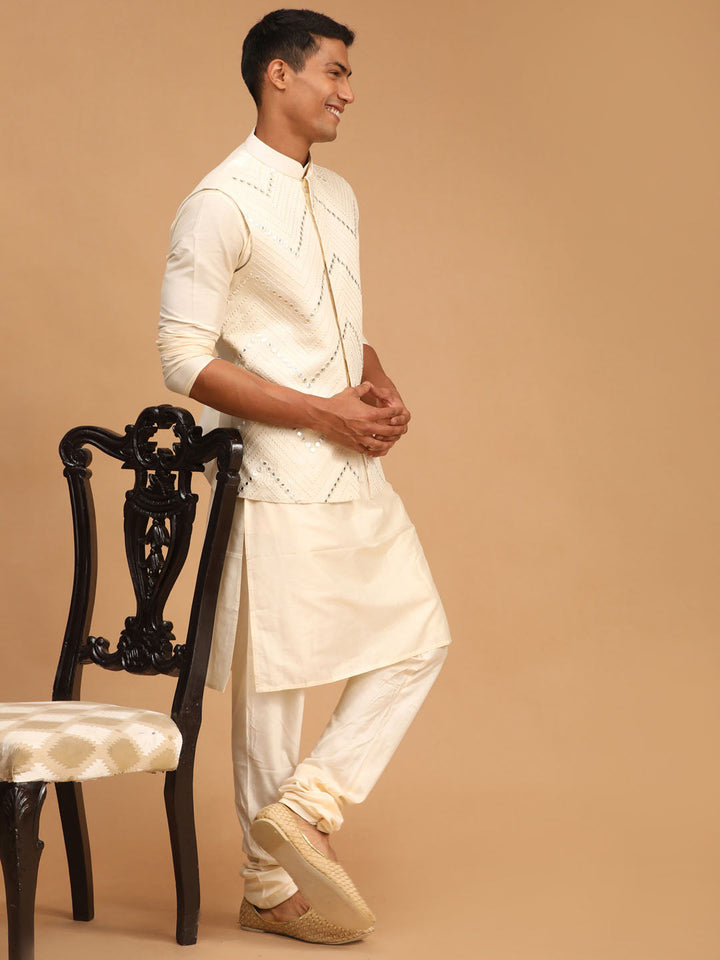 Vastramay Men's Cream Mirror Jacket With Kurta Pyjama Set