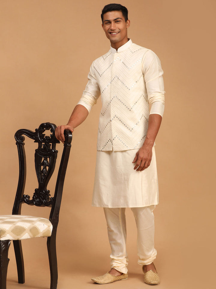 Vastramay Men's Cream Mirror Jacket With Kurta Pyjama Set