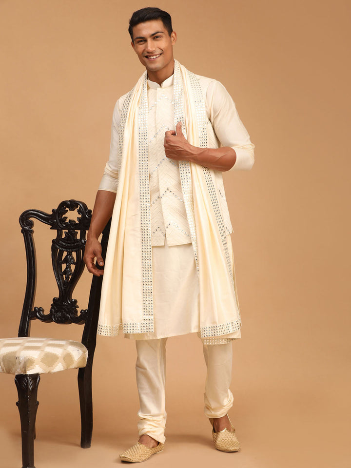 Vastramay Men's Cream Mirror Jacket With Kurta Pyjama And Dupatta Set