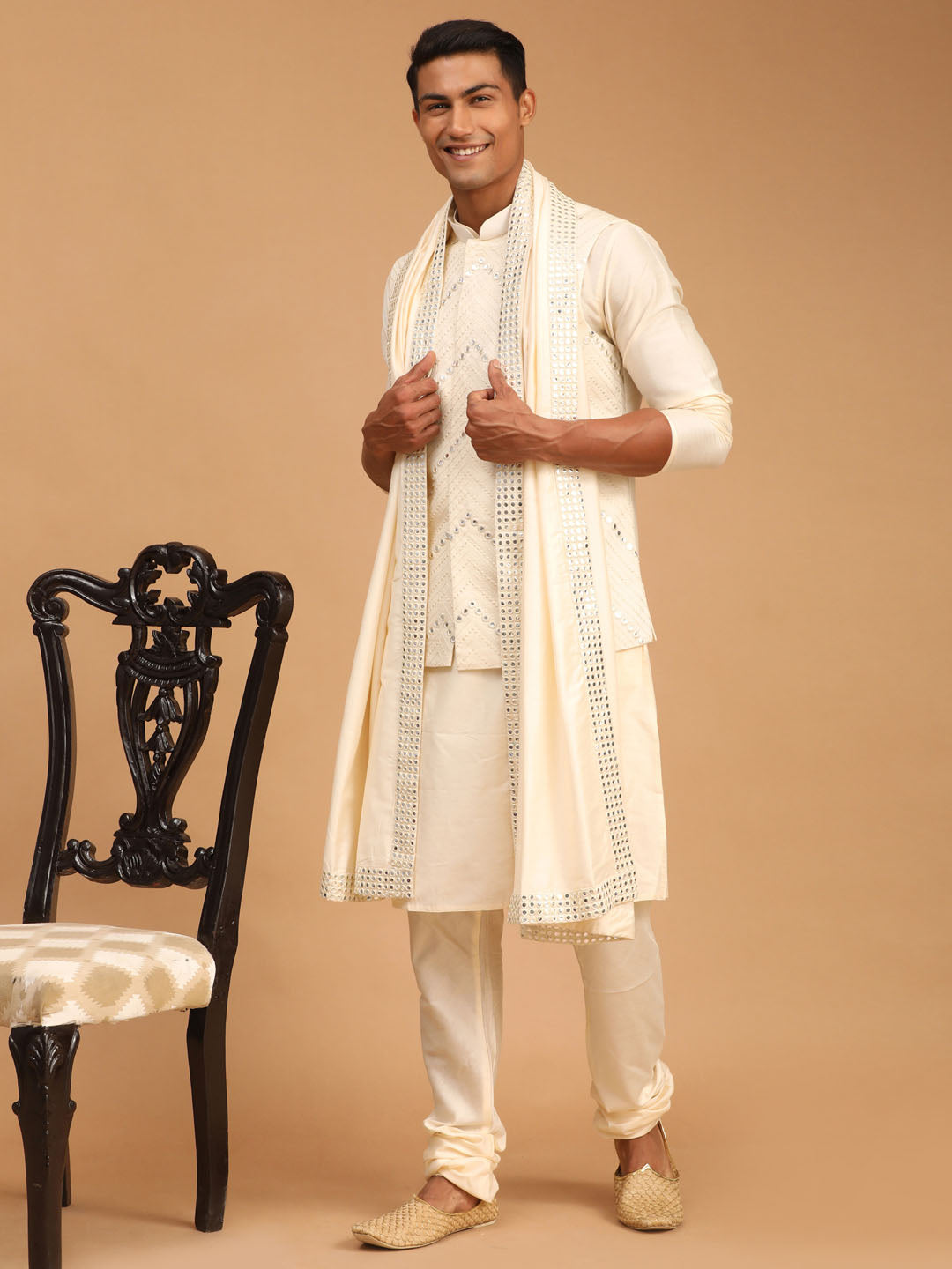 Vastramay Men's Cream Mirror Jacket With Kurta Pyjama And Dupatta Set