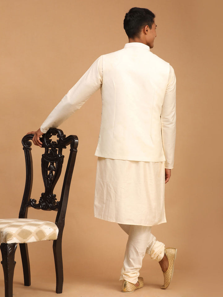 Vastramay Men's Cream Mirror Jacket With Kurta Pyjama And Dupatta Set